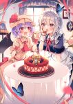  2girls animal apron ascot bat_wings blue_dress blue_eyes blush bow braid bug butterfly cake dress eyebrows_visible_through_hair fingernails food fruit hair_between_eyes hair_bow hat highres holding holding_spoon izayoi_sakuya kirero maid_apron maid_headdress mob_cap multiple_girls nail_polish open_mouth picture_(object) pink_dress pink_headwear pointy_ears puffy_short_sleeves puffy_sleeves purple_hair red_ascot red_bow red_eyes red_nails remilia_scarlet short_hair short_sleeves silver_hair smile spoon strawberry touhou twin_braids white_apron window wings 