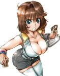  1girl amania_orz blue_eyes breasts brown_hair card cleavage duel_disk holding holding_card large_breasts looking_at_viewer mazaki_anzu medium_hair open_mouth short_hair simple_background solo thighhighs white_background yu-gi-oh! yu-gi-oh!_duel_monsters 