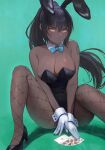  1girl ace_of_clubs animal_ears aqua_background bangs bare_shoulders between_legs black_footwear black_leotard blue_archive blue_bow blue_bowtie blush bow bowtie breasts card cleavage closed_mouth commentary_request dark-skinned_female dark_skin detached_collar eyebrows_visible_through_hair fake_animal_ears fishnet_legwear fishnets gloves hand_between_legs high_heels high_ponytail highres jack_of_clubs_(card) karin_(blue_archive) king_of_clubs knees_up large_breasts leotard long_hair looking_at_viewer number_tattoo orange_eyes pantyhose playboy_bunny playing_card poker ponytail queen_of_clubs rabbit_ears royal_flush shoulder_tattoo simple_background sitting solo spread_legs strapless strapless_leotard tattoo ten_of_clubs v-shaped_eyebrows vertigris very_long_hair white_gloves wrist_cuffs 