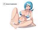  1girl absurdres barefoot bikini blue_eyes blue_hair breasts commentary feet freckles full_body highres lana&#039;s_mother_(pokemon) large_breasts long_hair low_ponytail lucyfer mature_female navel no_sclera open_mouth patreon_logo pokemon pokemon_(anime) pokemon_sm_(anime) shiny shiny_skin simple_background solo swimsuit teeth toes tongue upper_teeth white_background 