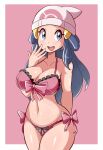  1girl absurdres beanie blue_eyes blue_hair bra breasts cowboy_shot dawn_(pokemon) hat highres lingerie long_hair lucyfer medium_breasts pokemon pokemon_(game) pokemon_dppt solo underwear underwear_only 