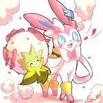  :&gt; :d blue_eyes blush_stickers bow closed_eyes closed_mouth commentary_request eldegoss fang heart highres looking_at_viewer open_mouth pink_bow pokemon pokemon_(creature) pokemon_(game) pokemon_unite smile standing surumeika_(ninfiiiir) sylveon toes tongue 