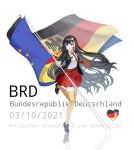  1girl absurdres black_footwear black_hair black_jacket blue_eyes commentary_request dated european_union_flag eyebrows_visible_through_hair flag full_body german_flag german_text germany highres holding holding_flag jacket long_hair looking_at_viewer multicolored_hair necktie open_clothes open_jacket open_mouth original personification phonetik red_necktie red_skirt shirt shoes skirt solo standing standing_on_one_leg thighhighs translated white_shirt yellow_legwear 