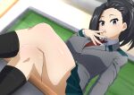  1girl absurdres arm_support black_eyes black_hair black_legwear blazer blush boku_no_hero_academia breasts chalkboard classroom collared_shirt commentary_request crossed_legs desk from_below hair_pulled_back hand_on_own_face hand_to_own_mouth highres indoors jacket kneehighs large_breasts looking_at_viewer medium_hair necktie pleated_skirt ponytail red_necktie revision school_uniform shirt skirt socks solo sunlight thick_thighs thighs toukaaa u.a._school_uniform white_shirt yaoyorozu_momo 