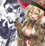  1boy 1girl absurdres beard blonde_hair breasts brown_coat chamaji cigarette cleavage coat commentary_request eyepatch facial_hair fang gloves hat highres large_breasts majima_gorou nijisanji nui_sociere open_mouth outline partially_colored partially_fingerless_gloves ryuu_ga_gotoku skin_fang sleeves_past_wrists slit_pupils smile virtual_youtuber witch_hat yellow_eyes 