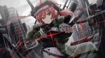  1girl aiming_at_viewer aogiri_koukou_game_club bangs black_shirt blurry blurry_background breasts brown_headwear building cabbie_hat cloud cloudy_sky commentary depth_of_field eyebrows_visible_through_hair goggles goggles_on_headwear green_eyes green_jacket gun hair_between_eyes handgun hat head_tilt high-waist_skirt highres holding holding_gun holding_weapon ishikari_akari jacket kuria_(clear_trip_second) looking_at_viewer low_twintails open_clothes open_jacket outdoors parted_lips pistol rain red_hair shirt skirt sky small_breasts solo twintails virtual_youtuber weapon white_skirt 