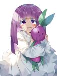  1girl bangs blunt_bangs blush commentary_request cookie_run crying crying_with_eyes_open dress highres holding holding_toy humanization kyusai_kuma long_hair long_sleeves looking_at_viewer onion_cookie open_mouth puffy_long_sleeves puffy_sleeves purple_eyes purple_hair sitting stuffed_toy tears toy white_dress 