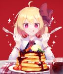  1girl :q absurdres ahoge ascot bangs berry black_dress blonde_hair blueberry bow bright_pupils closed_mouth collared_shirt commentary_request cream dress earrings eyebrows_visible_through_hair food fork frilled_shirt_collar frills fruit glint hair_between_eyes hair_bow hands_up heart heart-shaped_pupils highres holding holding_fork holding_knife jewelry knife long_sleeves pancake pink_eyes plate red_ascot red_background red_bow rumia shinketsu_kanyu shirt short_hair simple_background sitting smile solo sparkle sparkle_background straight-on strawberry symbol-shaped_pupils tongue tongue_out touhou upper_body white_pupils white_shirt 