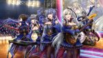  5girls absurdres alternate_costume animal_ears azur_lane bare_shoulders belt black_belt black_choker black_legwear blue_cape blue_eyes blue_gloves blue_hair breasts brown_hair cape cheshire_(azur_lane) choker cleavage detached_sleeves drake_(azur_lane) drum drum_set electric_guitar fake_animal_ears frilled_hairband frilled_skirt frills georgia_(azur_lane) gloves guitar hairband highres icynugget instrument keyboard_(instrument) large_breasts layered_skirt long_hair miniskirt multicolored_hair multiple_girls new_jersey_(azur_lane) open_mouth pantyhose purple_hair screen seattle_(azur_lane) silver_hair skirt stage stage_lights standing streaked_hair two-tone_hair very_long_hair yellow_eyes 