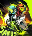  1girl absurdres arm_cannon armor glowing gun helmet highres lunydoobles metroid metroid_dread power_armor power_suit samus_aran science_fiction simple_background solo visor weapon 