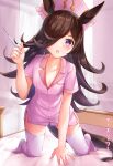  1girl absurdres animal_ears blush brown_hair collarbone hair_over_one_eye hat highres holding holding_syringe horse_ears horse_girl horse_tail kneeling long_hair nurse nurse_cap open_mouth pink_legwear pizza_(artist) purple_eyes rice_shower_(umamusume) short_sleeves solo syringe tail thighhighs umamusume 