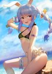  1girl :d absurdres animal_ear_fluff animal_ears arm_up armlet armpits bangs bare_shoulders between_legs blue_hair blue_sky blush breasts bunny-shaped_pupils carrot_hair_ornament casual_one-piece_swimsuit cleavage cloud day eyebrows_visible_through_hair feet_out_of_frame food-themed_hair_ornament frilled_swimsuit frills hair_ornament hand_between_legs hand_in_hair highres hololive horizon kokono_(kokonokami) lens_flare looking_at_viewer medium_breasts multicolored_hair navel ocean on_rock one-piece_swimsuit open_mouth outdoors rabbit_ears red_eyes rock sidelocks sitting sky smile solo stomach swimsuit symbol-shaped_pupils thick_eyebrows thigh_strap thighs two-tone_hair usada_pekora virtual_youtuber white_hair 