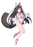  1girl animal_ears bangs barefoot barefoot_sandals bikini black_hair blunt_bangs breasts brown_eyes closed_mouth enkyo_yuuichirou flower fox_ears fox_tail full_body hair_between_eyes hair_flower hair_ornament highres jacket jacket_partially_removed kitsunegasaki_tametsugu_(tenka_hyakken) large_breasts long_hair long_sleeves looking_at_viewer multicolored_hair navel official_art open_clothes open_jacket red_flower simple_background smile solo streaked_hair swimsuit tail tenka_hyakken very_long_hair white_background white_bikini white_jacket 