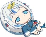  1girl among_us blue_eyes blue_hoodie chibi cosplay dum_sticky_note fish_tail gawr_gura genshin_impact grey_hair hololive hololive_english hood hoodie ikalsaurus long_hair lying on_back qiqi_(genshin_impact) qiqi_(genshin_impact)_(cosplay) shark_tail shoes solo sticky_note tail two_side_up virtual_youtuber 