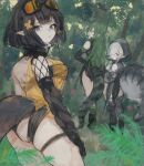  3girls ahoge arknights ass black_bandeau black_hair black_legwear black_sleeves black_tunic blue_eyes commentary_request cowboy_shot crocodilian_tail detached_sleeves eunectes_(arknights) facing_away flower gavial_(arknights) goggles goggles_on_head green_hair grey_hair hair_flower hair_ornament highres hood hood_up long_hair looking_at_viewer looking_back multiple_girls omcxxx pointy_ears shirt short_hair snake_tail tail thigh_strap thighhighs tomimi_(arknights) yellow_shirt 