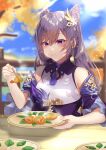  1girl chopsticks eating food genshin_impact gloves highres keqing_(genshin_impact) onineko-chan purple_eyes purple_hair shrimp solo 