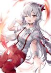  1girl \||/ bangs blush bow breasts choker collared_shirt commentary eyebrows_visible_through_hair fire fujiwara_no_mokou hair_between_eyes hair_bow highres hiiro60 knees_together_feet_apart large_breasts long_hair looking_at_viewer ofuda ofuda_on_clothes one_eye_closed open_mouth outstretched_arm pants red_eyes red_pants shirt short_sleeves simple_background solo suspenders torn_clothes torn_sleeves touhou white_background white_hair white_shirt wing_collar wrist_cuffs 
