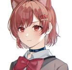  1girl :t aijou_karen animal_ears bangs belt_collar blush bow bowtie brown_eyes brown_hair cat_ears cat_girl chromatic_aberration closed_mouth collar collared_shirt crown_hair_ornament extra_ears eyebrows_visible_through_hair fang fang_out grey_jacket highres jacket kemonomimi_mode looking_away portrait red_bow red_bowtie school_uniform seishou_music_academy_uniform shirt short_hair shoujo_kageki_revue_starlight simple_background solo sorano_(azu_mine) white_background white_shirt 