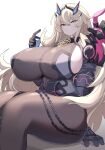  1girl absurdres akitokage01 armor asymmetrical_armor asymmetrical_arms bangs bare_shoulders black_dress blonde_hair blue_eyes breasts brown_legwear chain curvy dress fairy_knight_gawain_(fate) fate/grand_order fate_(series) gauntlets heterochromia highres horns huge_breasts long_hair looking_at_viewer pantyhose pauldrons red_eyes shoulder_armor sideboob single_gauntlet single_pauldron solo thick_thighs thighs wide_hips 