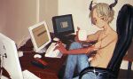  1boy bangs black_eyes chair claws closed_mouth cup darandy denim desk grey_hair highres holding holding_cup horns indoors jeans keyboard_(computer) looking_at_viewer male_focus monitor mouse_(computer) mug office_chair original pants sitting solo topless_male typing 