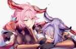  1boy 1girl ahoge aki663 animal_ears black_gloves blue_eyes blue_hair blush breasts brother_and_sister closed_eyes closed_mouth commentary_request erune feower_(granblue_fantasy) gloves granblue_fantasy heart highres large_breasts looking_at_another pink_hair siblings tien_(granblue_fantasy) upper_body 
