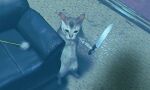  animal_focus armchair cat chair commentary_request holding holding_knife knife looking_at_viewer no_humans original standing tomono_rui 