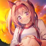  animal_ears bandaid bandaid_on_leg cloud crying crying_with_eyes_open ear_covers fingerless_gloves flower_in_eye gloves gym_uniform haru_urara_(umamusume) headband horse_ears horse_girl orange_sky outdoors pink_eyes pink_hair red_gloves red_headband sky symbol_in_eye takase_kou tears umamusume 