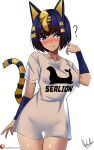  1girl ? animal_crossing animal_ears animal_print ankha_(animal_crossing) bangs blush breasts cat_ears cat_tail eyebrows_visible_through_hair fang grey_background grey_shirt highres nekobox sea_lion see-through_silhouette shiny shiny_skin shirt short_hair short_sleeves signature simple_background solo tail thigh_gap white_background 