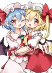  2girls ascot bangs bat_wings blonde_hair blue_hair blush bow cheek-to-cheek crystal eyebrows_visible_through_hair fang fingernails flandre_scarlet frilled_shirt_collar frilled_skirt frills happy hat hat_bow hat_ribbon heads_together highres hug looking_at_viewer mob_cap multiple_girls one_eye_closed open_mouth pointy_ears puffy_short_sleeves puffy_sleeves red_bow red_eyes red_skirt red_vest remilia_scarlet ribbon shoes short_hair short_sleeves siblings side_ponytail simple_background sisters skirt smile suwa_yasai touhou upper_body vest white_background wings wrist_cuffs yellow_ascot 