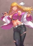  1girl animal_print bangs belt blonde_hair blunt_bangs bra breasts clenched_hand clenched_teeth collarbone cowboy_shot denim grin hamushima holding holding_weapon jacket jeans large_breasts long_hair machete magical_grim midriff off_shoulder original pants red_eyes simple_background smile solo teeth underwear weapon 