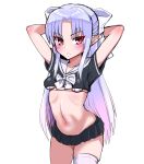  1girl arms_behind_head blush breasts gokuto-kun_(imakiyo) highres long_hair looking_at_viewer melty_blood midriff navel parted_lips pointy_ears purple_hair red_eyes school_uniform serafuku simple_background single_thighhigh small_breasts solo thighhighs tsukihime white_background white_legwear white_len_(tsukihime) 