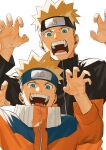  2boys blonde_hair blue_eyes commentary_request dual_persona fingernails forehead_protector hands_up highres konohagakure_symbol looking_at_viewer male_focus mirin_(coene65) multiple_boys naruto naruto_(series) naruto_shippuuden ninja open_mouth short_hair simple_background smile teeth time_paradox turtleneck upper_body uzumaki_naruto white_background 