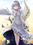  1girl alternate_costume braid breasts bridal_gauntlets crown_braid dress elbow_gloves feathered_wings finger_to_mouth gloves kishin_sagume looking_at_viewer medium_breasts red_eyes shushing silver_hair single_wing solo touhou white_dress white_gloves white_wings wings y2 