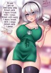  1girl alternate_breast_size alternate_costume apron ass_visible_through_thighs black_hairband black_legwear blurry blurry_background breasts cup disposable_cup english_text green_apron green_nails grey_eyes hairband highres holding holding_cup holding_marker iced_latte_with_breast_milk_(meme) large_breasts marker meme mole mole_under_mouth naked_apron narrow_waist nier_(series) nier_automata no_blindfold sevie short_hair silver_hair solo speech_bubble starbucks thighhighs yorha_no._2_type_b 