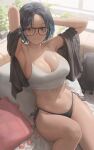  1girl absurdres armpits arms_behind_head arms_up azami_(cosplayer) bangs black_hair black_panties blue_hair blush breasts brown_eyes camisole cleavage closed_mouth commentary crop_top eyebrows_visible_through_hair free_style_(yohan1754) glasses highres large_breasts multicolored_hair navel panties parted_bangs real_life short_hair sitting smile solo thighs two-tone_hair underwear white_camisole 