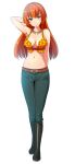  1girl absurdres belt boots breasts brown_eyes closed_mouth full_body highres joy_(shenmue) kayama_kenji long_hair looking_at_viewer midriff navel orange_hair shenmue shenmue_ii simple_background smile solo white_background 