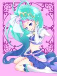  1girl :d bangs bare_legs blue_eyes blue_hair blue_skirt boots bridal_gauntlets crop_top cure_mermaid detached_sleeves earrings go!_princess_precure gradient_hair high_heel_boots high_heels highres jewelry kaidou_minami knee_boots long_hair long_sleeves looking_at_viewer midriff miniskirt multicolored_hair navel open_mouth parted_bangs pink_background pleated_skirt precure shell shell_earrings shipu_(gassyumaron) sitting skirt sleeves_past_wrists smile solo stomach very_long_hair wariza white_footwear white_sleeves 
