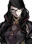  1girl bayonetta bayonetta_(series) bayonetta_3 black_hair braid clothing_cutout earrings eyeshadow glasses highres jewelry lipstick long_hair looking_at_viewer makeup mole mole_under_mouth multicolored_hair pertex_777 red_hair ribbon simple_background smile solo streaked_hair twin_braids 