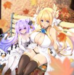  :d absurdres arm_support armlet autumn_leaves azur_lane bangs bare_shoulders bench bikini bikini_bottom black_bikini black_legwear blonde_hair blunt_bangs blurry breasts cleavage collarbone commentary_request depth_of_field detached_sleeves dress eyebrows_visible_through_hair eyes_visible_through_hair from_above green_eyes hair_between_eyes hair_bun hair_ornament hair_ribbon hand_on_another&#039;s_shoulder highres large_breasts laurel_crown leaf long_hair long_sleeves looking_at_viewer looking_up machinery maple_leaf midriff navel one_side_up open_mouth park_bench purple_eyes purple_hair raranokusu ribbon side_bun sidelocks sitting smile swimsuit thighhighs turret unicorn_(azur_lane) victorious_(azur_lane) white_dress white_legwear zettai_ryouiki 