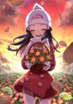  1girl :d ^_^ ^o^ basket beanie blue_hair blush closed_eyes cloud dawn_(pokemon) field floating_clothes floating_hair flower flower_basket flower_field gracidea hat highres holding holding_basket light_rays mato. open_mouth orange_sky petals pink_coat pink_skirt poke_ball_symbol pokemon pokemon_(game) pokemon_dppt pokemon_platinum poketch rock scarf shaymin shaymin_(land) skirt sky smile sunbeam sunlight sunset twitter_username watch white_headwear white_scarf wind wristwatch yellow_sky 