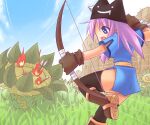  1girl archer_(ragnarok_online) arrow_(projectile) bangs black_legwear blue_dress blue_eyes boots bow_(weapon) brown_footwear brown_gloves carnivorous_plant cloud commentary_request day deviruchi_hat dress eyebrows_visible_through_hair flower foot_out_of_frame geographer_(ragnarok_online) gloves grass hat holding holding_bow_(weapon) holding_weapon leg_up long_hair open_mouth outdoors purple_hair ragnarok_online sakakura_(sariri) short_sleeves thighhighs wall weapon 