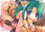  1girl :3 animal_ears animal_hands animal_print ass bangs blush cat_ears cat_girl cat_tail cham_cham closed_mouth commentary_request eyebrows_visible_through_hair foot_out_of_frame gloves green_eyes green_hair long_hair looking_at_viewer no_panties parted_bangs paw_gloves paw_shoes sakakura_(sariri) samurai_spirits shoes smile solo tail tiger_print 