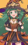  1girl alternate_costume bangs black_dress black_hair blunt_bangs braid broom candy commentary cowboy_shot dress fire_emblem fire_emblem:_three_houses fire_emblem_heroes flat_chest food gonzarez green_eyes green_hair halloween halloween_costume hat highres long_hair looking_at_viewer multicolored_hair official_alternate_costume open_mouth orange_hair pointy_ears puffy_short_sleeves puffy_sleeves short_sleeves simple_background smile solo sothis_(fire_emblem) striped twin_braids very_long_hair witch witch_hat wristband yellow_background 