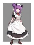  1girl alternate_costume apron arknights ascot black_dress blush border chinese_commentary clothes_lift commentary demon_horns dress dress_lift ear_piercing enmaided eyebrows_visible_through_hair full_body grey_background highres horns lava_(arknights) looking_at_viewer mabing maid outside_border piercing pointy_ears purple_eyes purple_hair red_ascot shirt_lift short_hair short_twintails sidelocks simple_background solo standing twintails wavy_mouth white_apron white_border white_wristband 