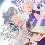  2boys ahoge asymmetrical_bangs bangs blue_eyes blue_hair chongyun_(genshin_impact) dragon_print drum electric_organ genshin_impact gloves highres instrument jewelry miothle multiple_boys music playing_instrument short_hair xingqiu_(genshin_impact) yellow_eyes 