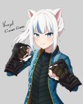 1girl amagamip animal_ears bangs beowulf_(devil_may_cry) blue_eyes blue_hair cat_ears commentary_request cosplay devil_may_cry_(series) devil_may_cry_3 gawr_gura highres hololive hololive_english looking_at_viewer multicolored_hair open_mouth smile solo streaked_hair vergil_(devil_may_cry) vergil_(devil_may_cry)_(cosplay) virtual_youtuber 