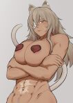  1girl abs absurdres animal_ear_fluff animal_ears arms_under_breasts breasts cat_ears cat_tail cleavage covered_nipples cowboy_shot crossed_arms dark_skin eyepatch female_pubic_hair ghislaine_dedoldia grey_background grey_hair grey_pubic_hair highres large_breasts muscular muscular_female mushoku_tensei nadesuko navel navel_piercing nude pasties piercing pubic_hair red_eyes scar scar_on_cheek scar_on_face scar_on_stomach simple_background solo tail 