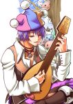  1boy :3 angel_wings angeling baggy_pants bangs blue_headwear boots brown_footwear brown_pants brown_vest clown_(ragnarok_online) collared_shirt commentary_request deviling eyebrows_visible_through_hair foot_out_of_frame ghostring hair_between_eyes halo hat holding holding_instrument instrument jester_cap looking_down lute_(instrument) male_focus marin_(ragnarok_online) metaling multicolored_clothes multicolored_headwear music open_mouth pants pink_headwear playing_instrument poporing poring purple_eyes purple_hair ragnarok_online sakakura_(sariri) shirt short_hair slime_(creature) solo_focus tree vest white_shirt wings yellow_headwear 