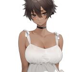  1girl breasts brown_hair cleavage closed_mouth dark-skinned_female dark_skin dress hair_between_eyes large_breasts looking_at_viewer micchan_(ohisashiburi) ohisashiburi original red_eyes reward_available short_hair simple_background solo tsurime upper_body white_background white_dress 