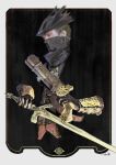  1boy bicorne black_headwear bloodborne dual_wielding from_side gun hat highres holding holding_gun holding_sword holding_weapon hunter_(bloodborne) male_focus mask miso_katsu mouth_mask musket signature solo sword upper_body weapon 